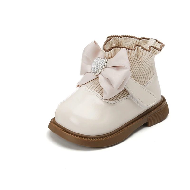 

12-15.5cm Brand Infant Girls Fashion Boots With Thin Velvet For Early Winter,Solid Beige Black Soft Ankle Boots With Rhinestone