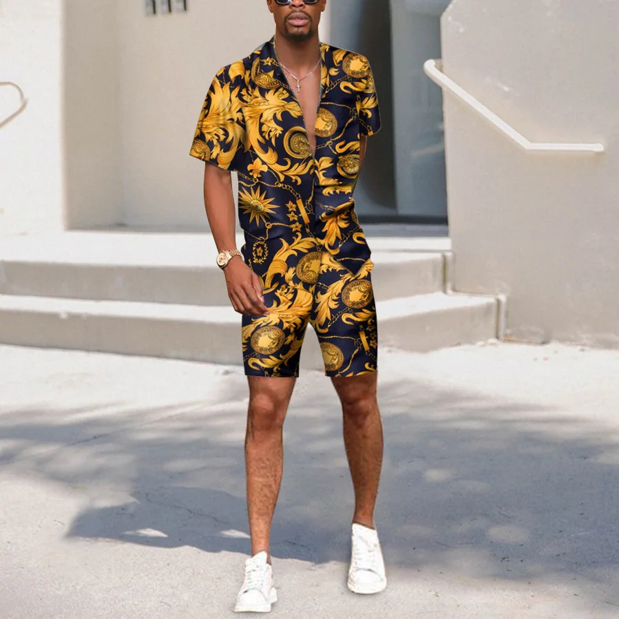 

Men Two-piece Loose Lapel Short Sleeve Color Print Spring/Summer Button Short Sleeve Top Mid Waist Shorts Casual Fashion Suit