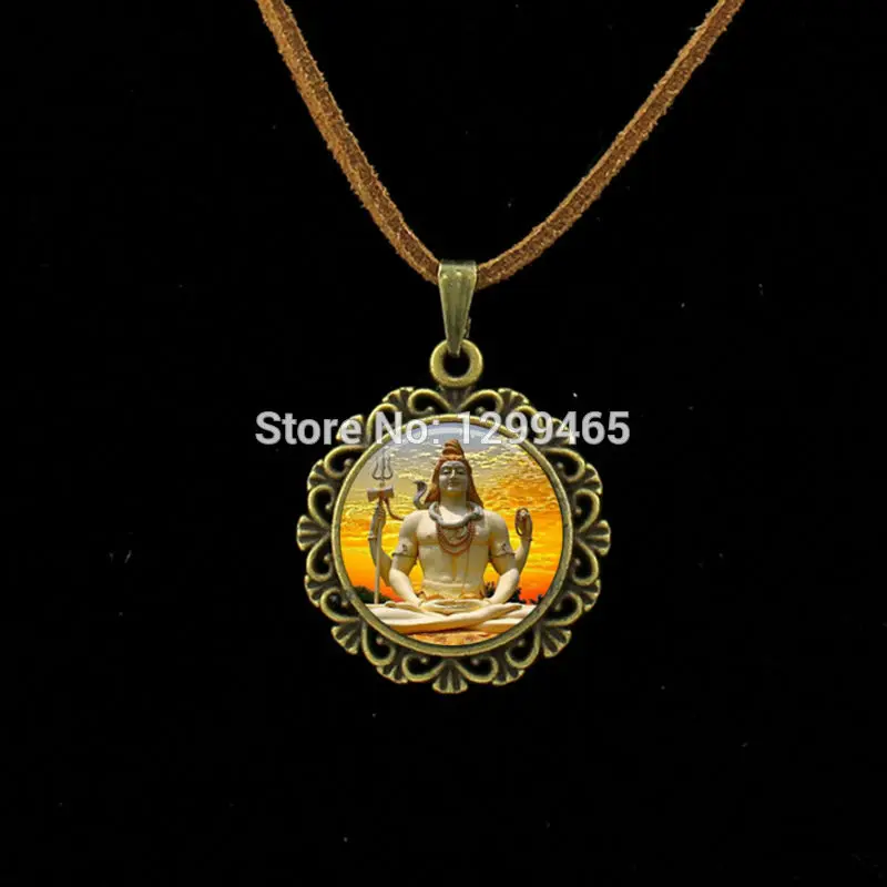 

Indian buddha statue jewelry Lord Shiva necklace glass dome pendant zen jewelry Hinduism pulseras Leather Necklace L 473