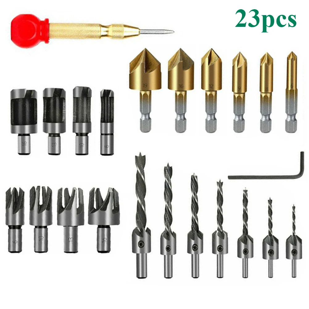 23pcs Woodworking Chamfer Drilling Tool Countersink Drill Bits Wood Plug Cutter and Automatic Center Punch Woodworking Tools