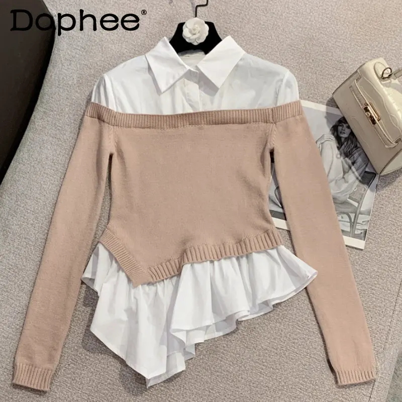 

Женская трикотажная Облегающая рубашка цвета хаки из двух предметов с длинным рукавом и нашивкой, Осень-зима 2022, новый темпераментный Прита...