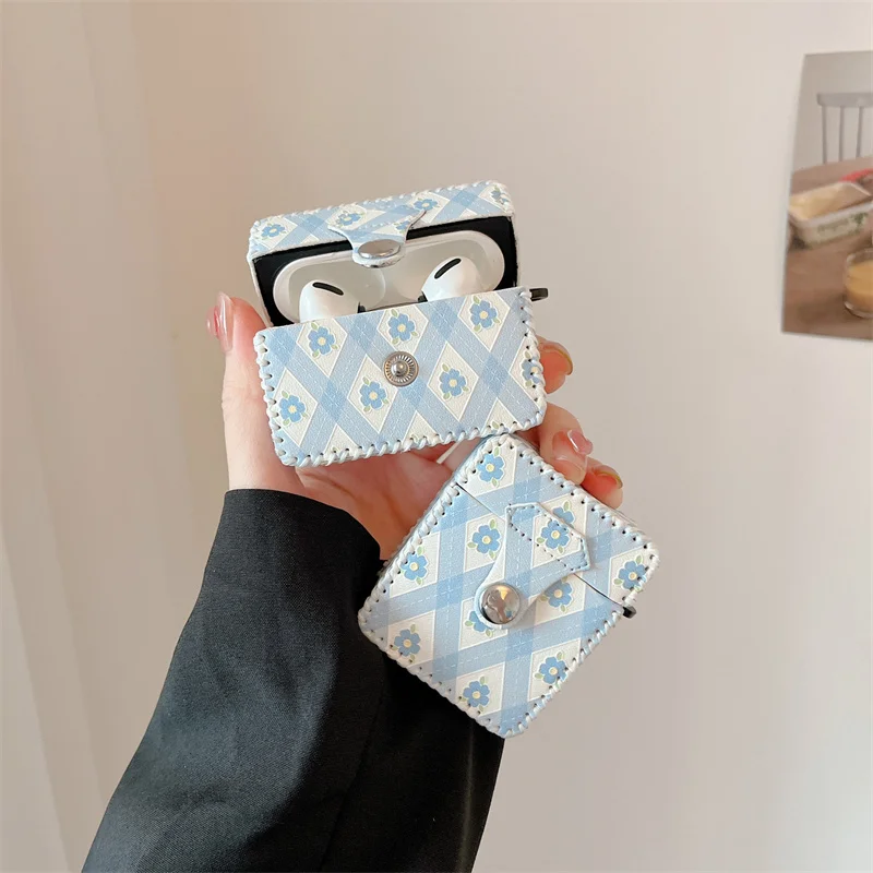 

Korea Rhombus lattice Blue Flowers Snap-on Leather Earphone Case For Airpods 1 2 Pro Wirless Charging Box Cover For Airpods 3