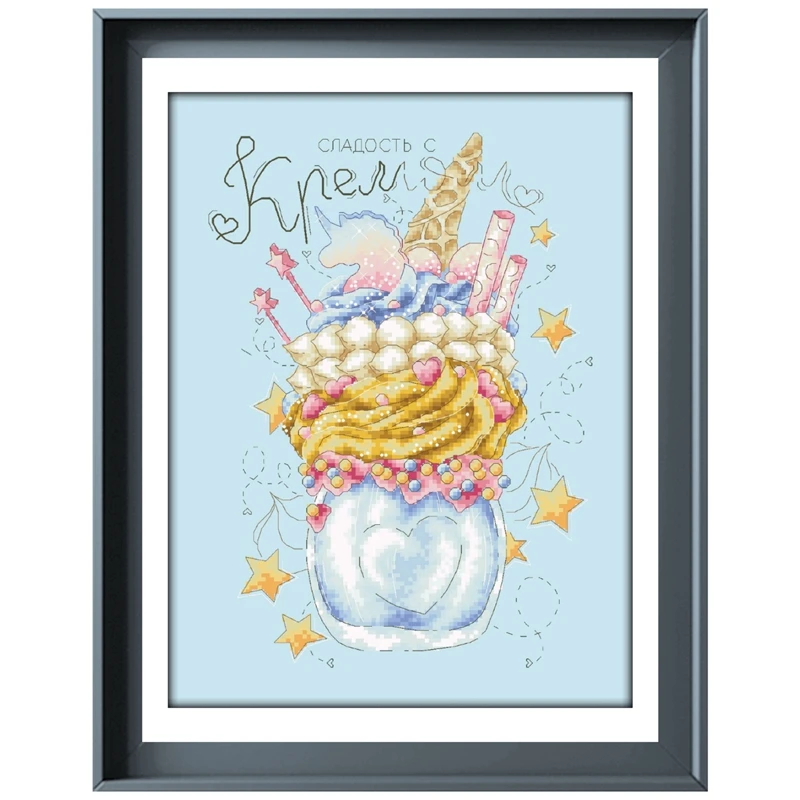 

Delicious cold drink cross stitch kits icecream pattern design 18ct 14ct 11ct skyblue canvas embroidery DIY needlework