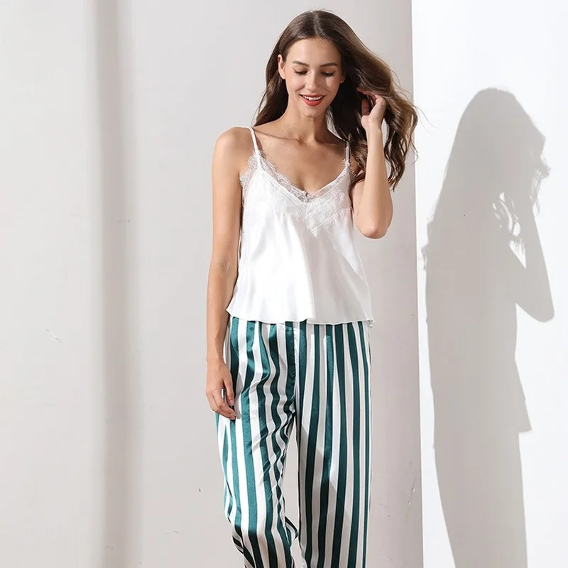 

Pajamas for Women Sexy V-neck Thin Suspenders + Trousers Pjamas Silk Pajamas Women's Home Wear Sleepwear Set Nightie Pyjamas