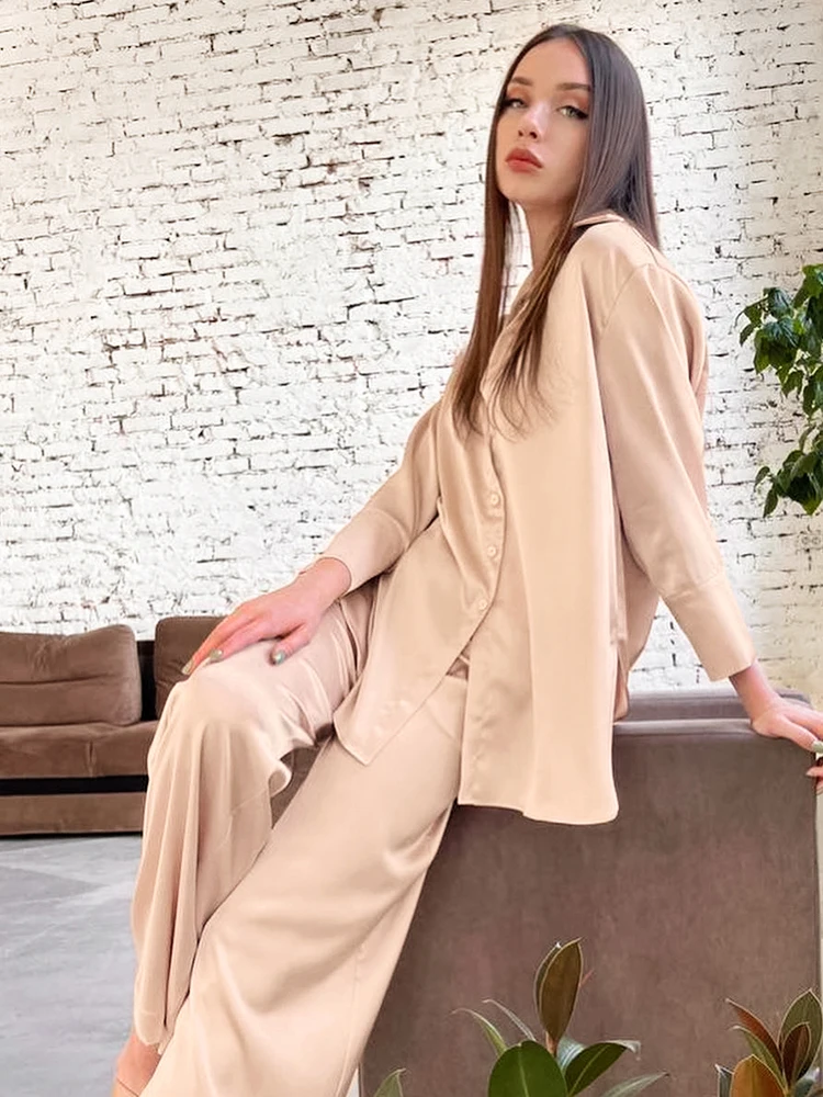 

Linad Loose Women's Home Clothes Champagne Long Sleeve 2 Piece Sets Sleepwear Female Trouser Suits Autumn Casual Pajamas 2022