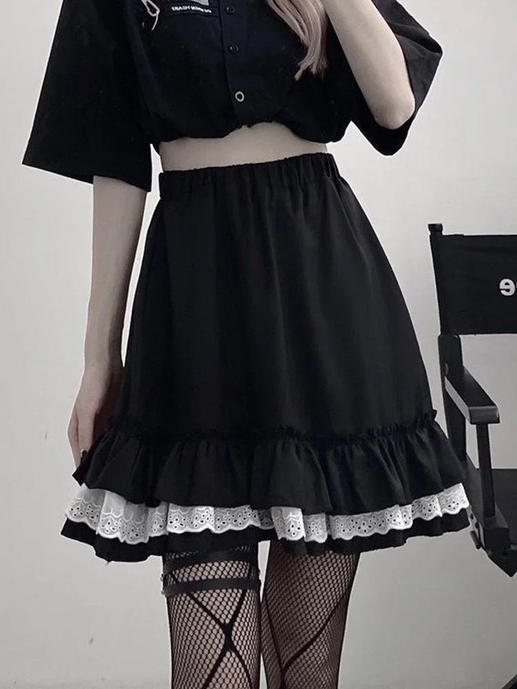 

Gothic Lace Patchwork Women Jk Skirt Japan High Waist Ruffles Sexy Mini Skirt Summer Fashion Female All Match Y2K Clothes