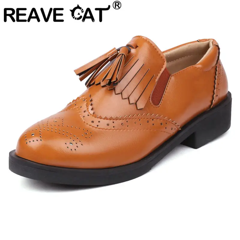

REAVE CAT Ladies Flats Round Toe Slip On Platform Tassels Breathable Brogue Shoes For Female Casual Office Large Size 48 49 50