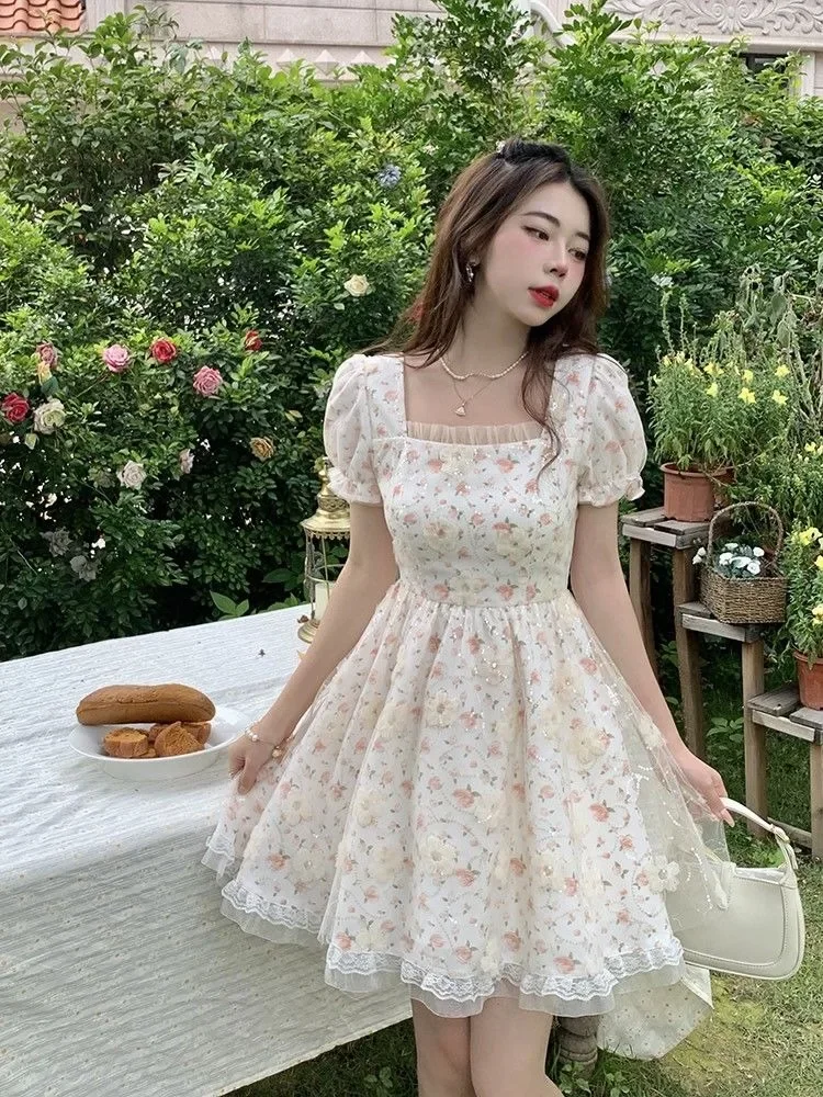 Hikigawa повседневное кружевное лоскутное женское платье с квадратным воротником