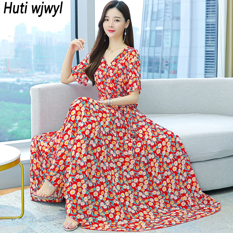 

Summer Women Elegant Bodycon Maxi Dress Floral Chiffon Casual Boho Beach Vacation Sundress 2022 Vintage Dot Party Night Vestidos