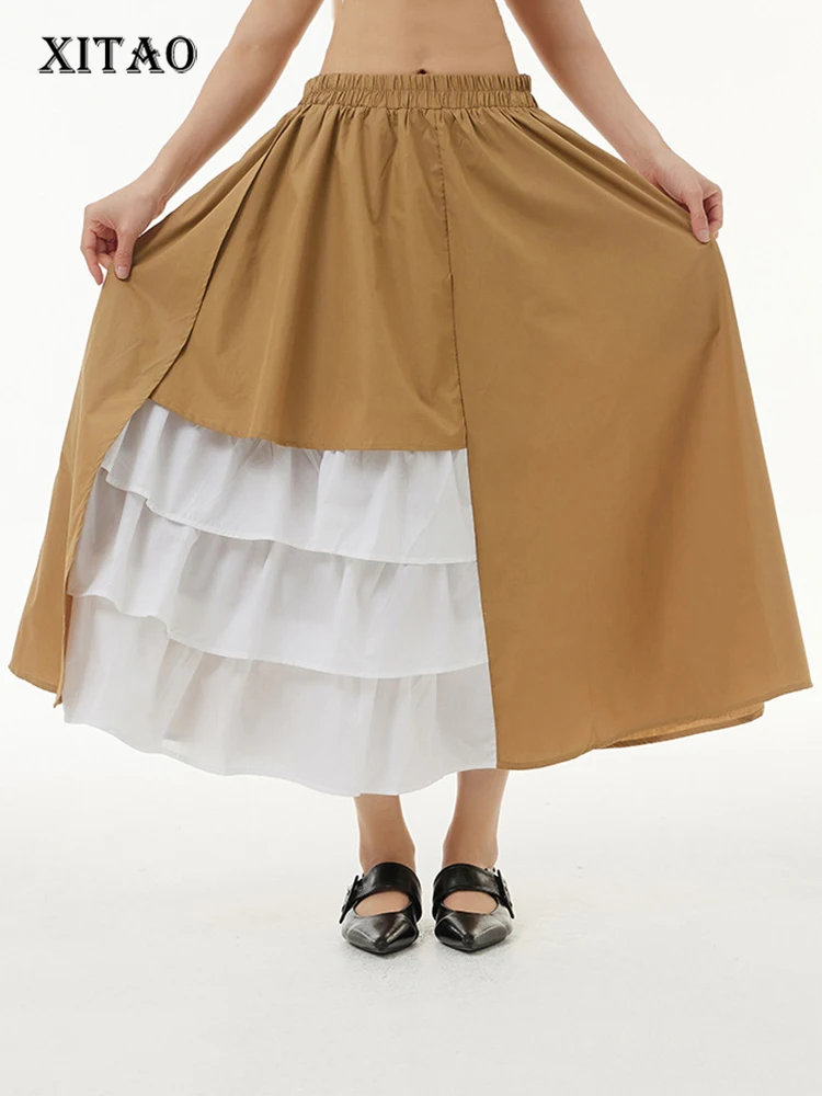

XITAO Contrast Color Patchwork Skirt Asymmetrical Ruffles Fashion Loose Casual Simplicity Temperament All-match New WMD5800