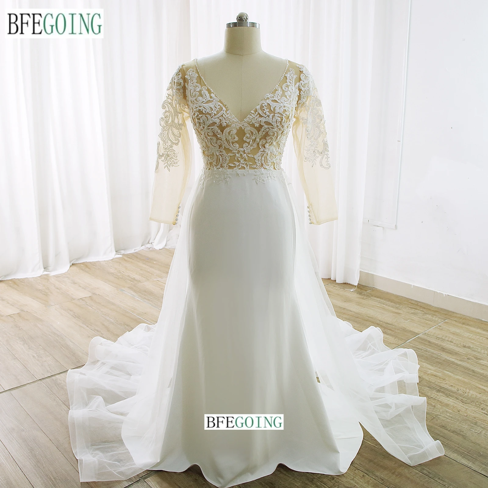 

Chiffon Crepe Tulle Mermaid/Trumpet Wedding Dresses Chapel Train Custom Made Long Sleeves V-Neck Bridal Gowns
