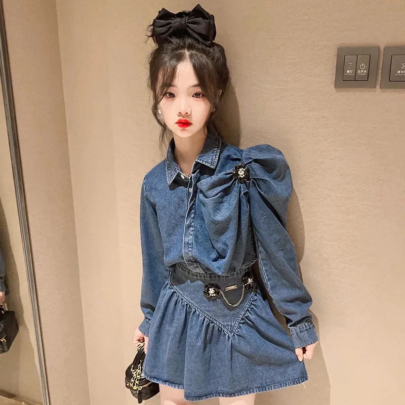 

Girls clothes set trend childrens western-style fashionable Denim shirt+skirt 2pcs teenage girl clothing suit children outfit