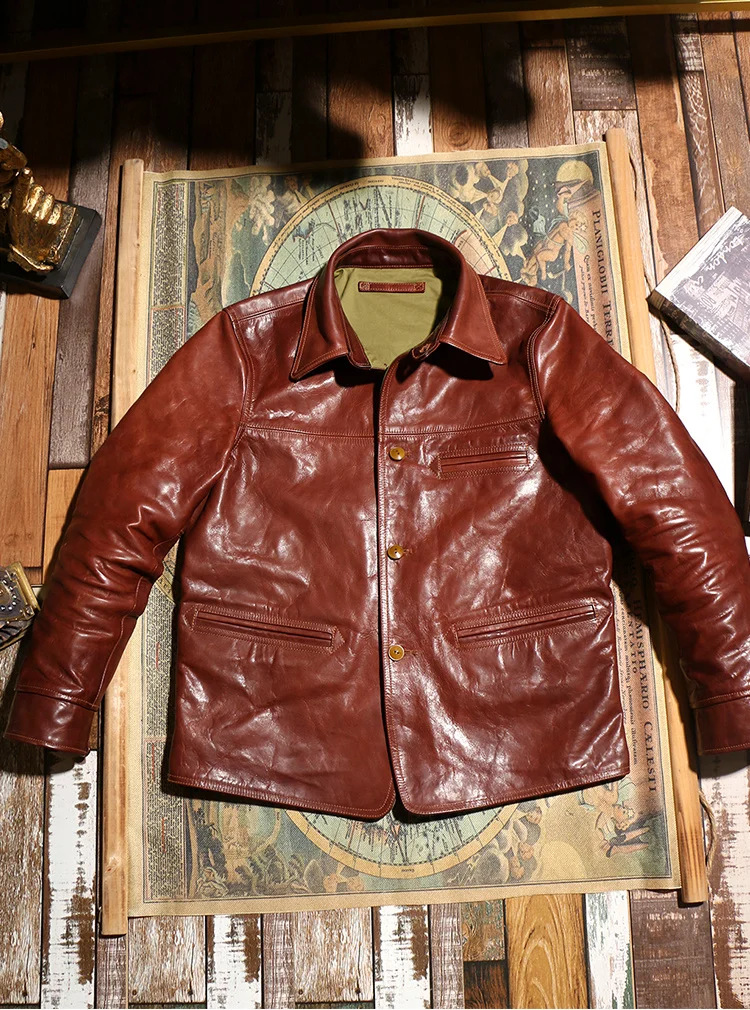 

Skin Genuine Sheep brand real high Japanese style Brakeman genuine leather jacket.vintage brown luxury quality horsehide coat.Br