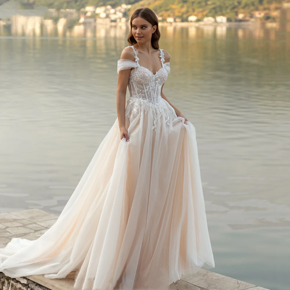 

Princess Sweetheart Tulle Wedding Dress Off The Shoulder Lace Applique Backless Bridal Gown A-Line Court Train Vestidos De Novia