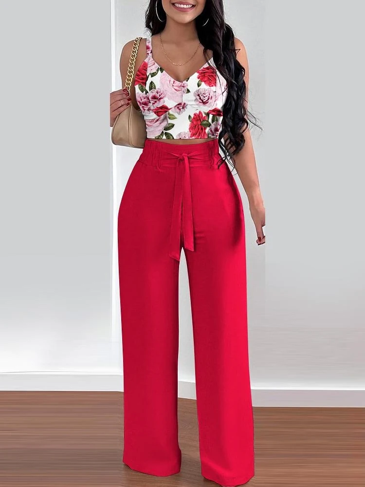 Women Summer Print Tank Suit Tops And Long Pants Matching Set Casual Patchwork Pocket Female Mid Waist Slim Pants Two Piece Sets