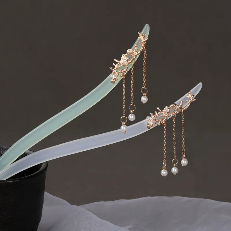 

Imitation jade Hanfu Headdress Simple Elegant Ancient Hairpin Tassels Step-shaking Hairpin Cheongsam Tea Clothes Accessories