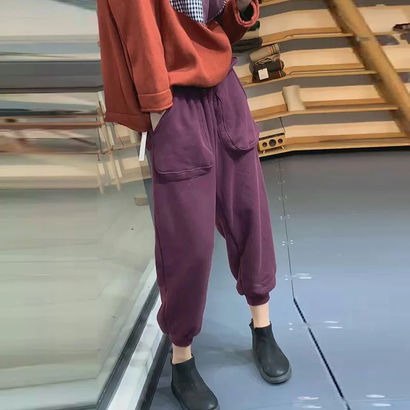 

Женские хлопковые брюки до щиколотки, повседневные свободные утепленные шаровары в декоративном стиле с карманами и эластичным поясом, Осень-зима 2023