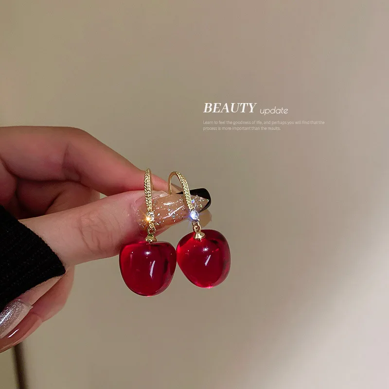 

Chelizi Crystal Diamond Earhook Earrings Korean Fashion Wine Red Temperament Ins Fruit Net
