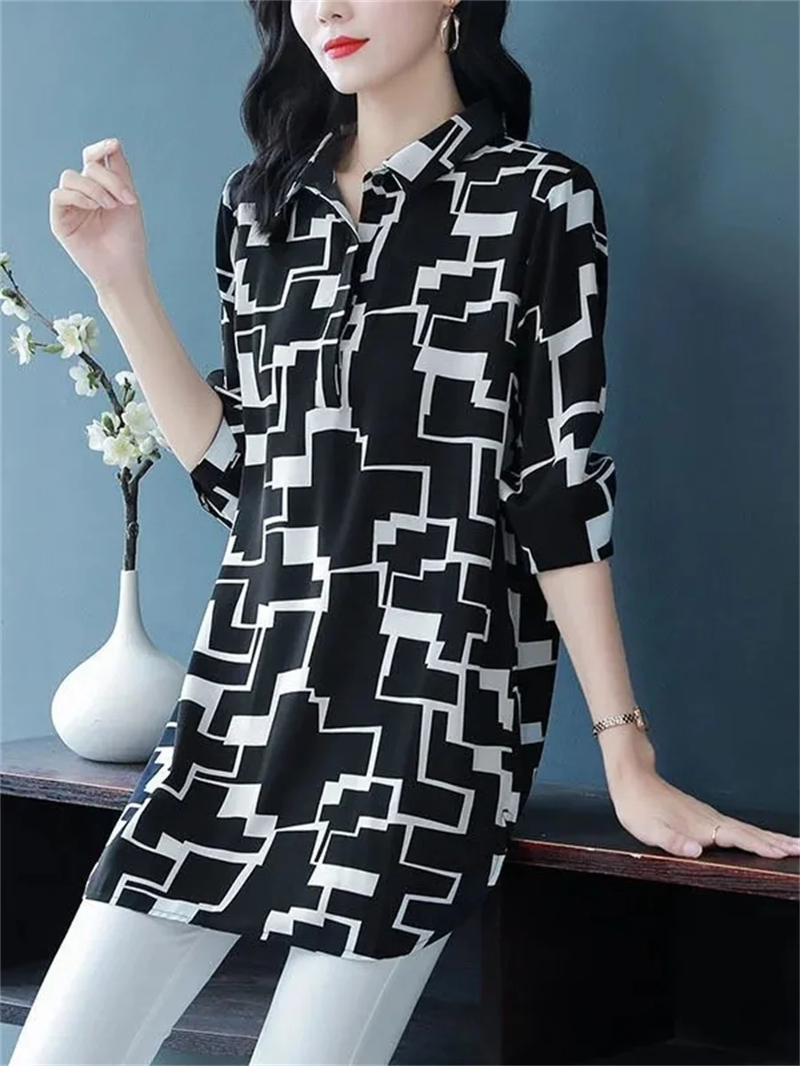 

5XL Women Spring Summer Blouses Shirts Lady Fashion Casual Long Sleeve Turn-down Collar Lattice Printing Blusas Tops MM2038