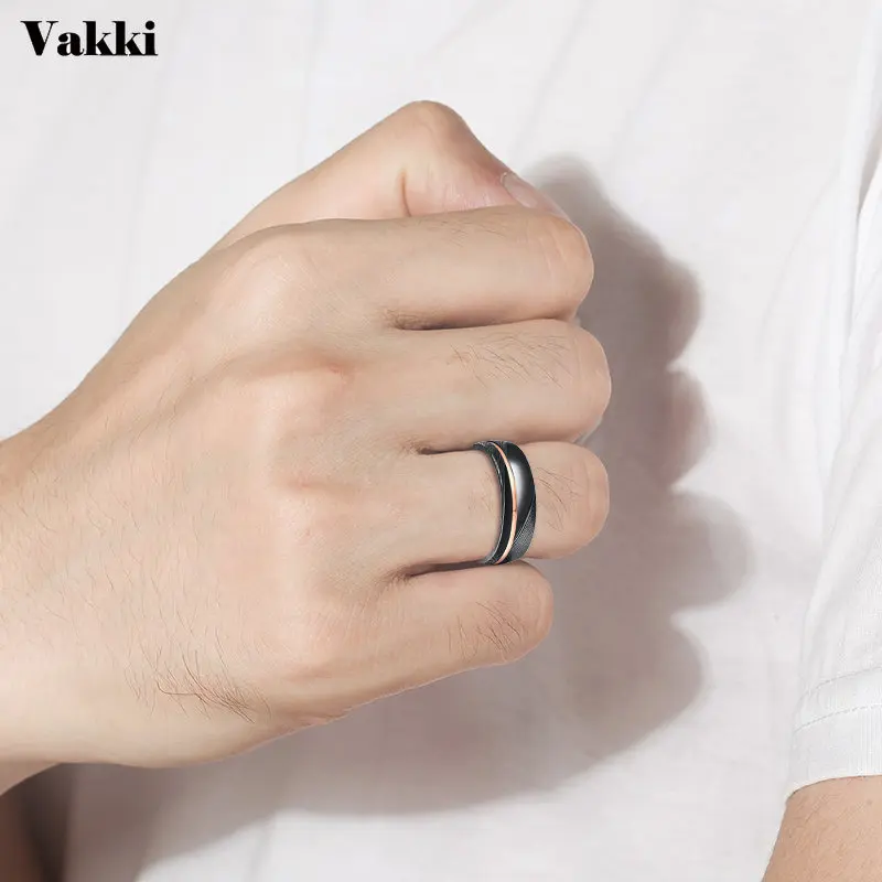 

VAKKI 8mm Tungsten Carbide Ring Black Color Personalised Damascus Rose Gold Groove Line Men's Fashion Wedding Jewelry Gift