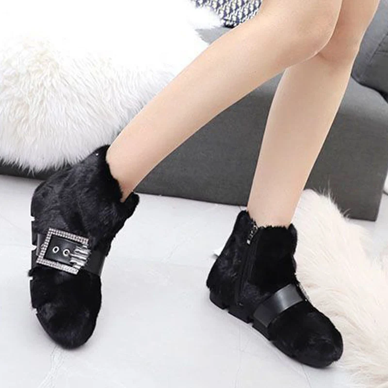Женские зимние ботильоны на меху плоской подошве модные короткие плюшевые