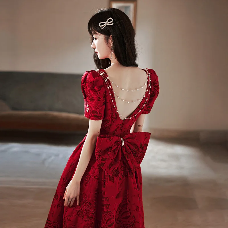 Elegant Wedding Dress Gown Women Bride Short Qipao Burgundy Chineses Dresses Back Hollow Out Robe De Soiree Pure Cheongsams