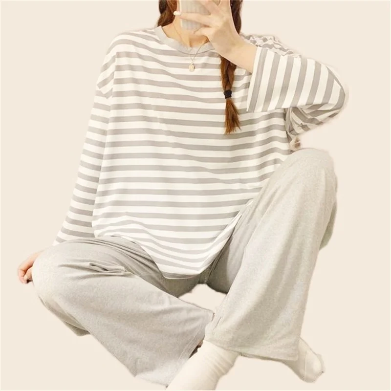 Women's Stripe Pajamas Set Sweet Pink Pyjama Big Size Soft Cotton Homewear Cozy Sleepwear Princess Cute Style 2 PCS/Set Pjs