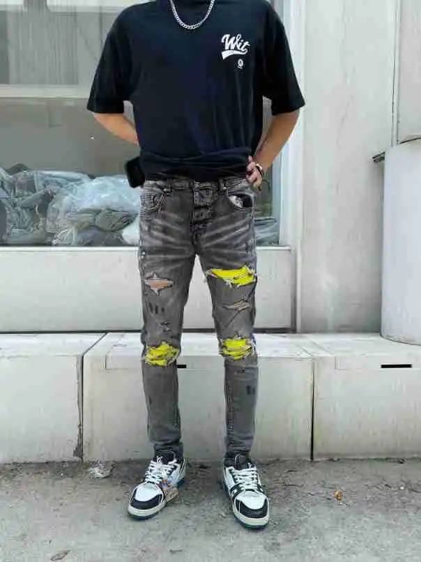 

designer jeans brands fashion Men Denim Hole Distressed Skinny Ripped Damaged Painted Slim Stretch Destroyed Jean Pants Trousers