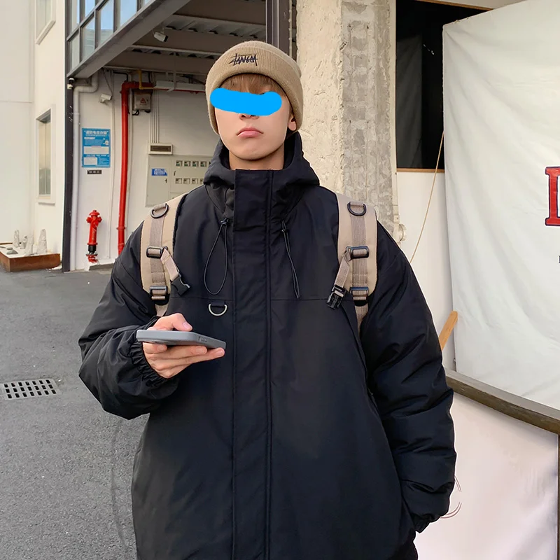 

Пальто мужское зимнее теплое с капюшоном, хлопковая парка, Повседневная трендовая однотонная уличная ветрозащитная свободная фотография на молнии с Кулиской