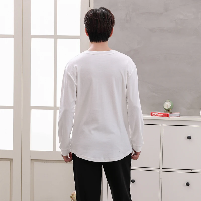 QUHENG Autumn New Men's Pajama Sets Solid Color Simple Sleepwear long Sleeve Cotton Pajamas For Men Top Pant Leisure Suit
