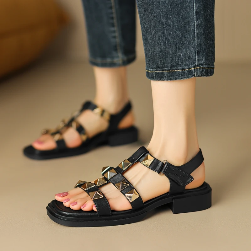 

Black Brown Cow Leather Punk Rivet Studded Ankle Strap Thick Sole Flat Sandals Woman Open Toe T-tied Casual Summer Shoes Lady 42