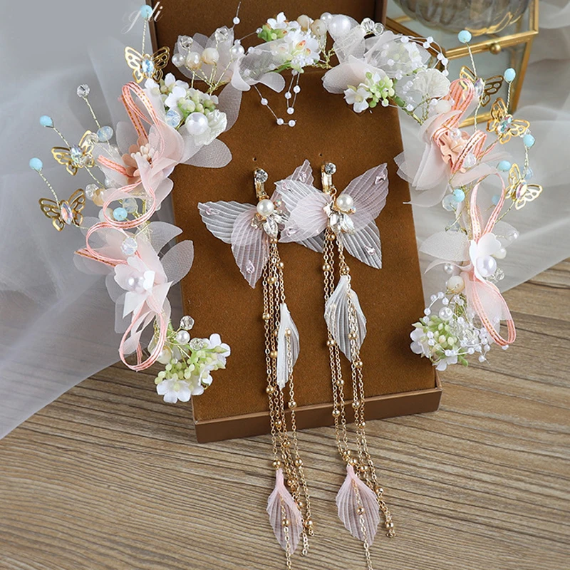 

French Fairy Spring Bohemian Pearl Crowns Earrings Set Bride Floral Garland Romantic Faux Rose Wedding Wreaths Flower Headband