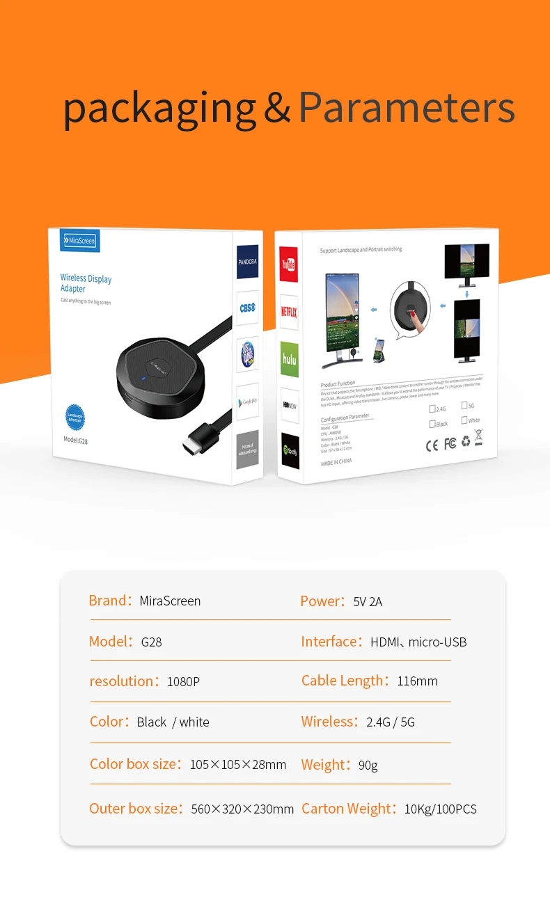 

Portrait Screen Wireless HDMI Display Adapter Support for TV Projector Upgraded MiraScreen Streaming Receiver Tiktok