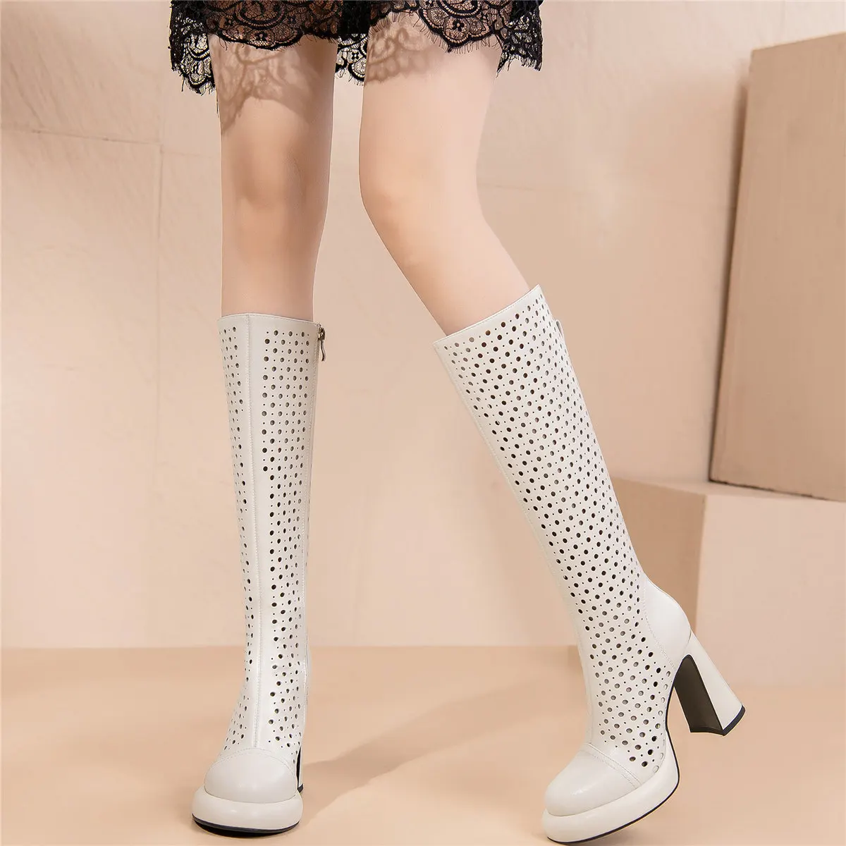 2023 Summer Platform Pumps Shoes Women Hollow Genuine Leather Thigh High Boots Female Round Toe Gladiator Sandals Casual Shoes