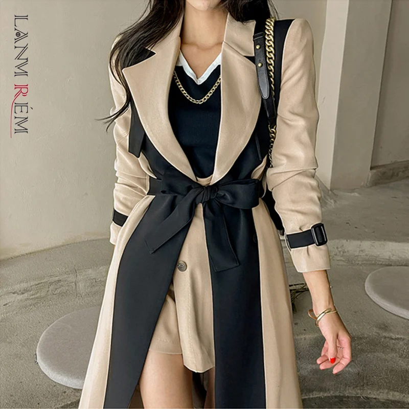 

LANMREM Elegant Notched Collar Lady Patchwork Windbreaker Full Sleeve Buttons Belted Women Long Trench Coats 2022 Winter 2W1922