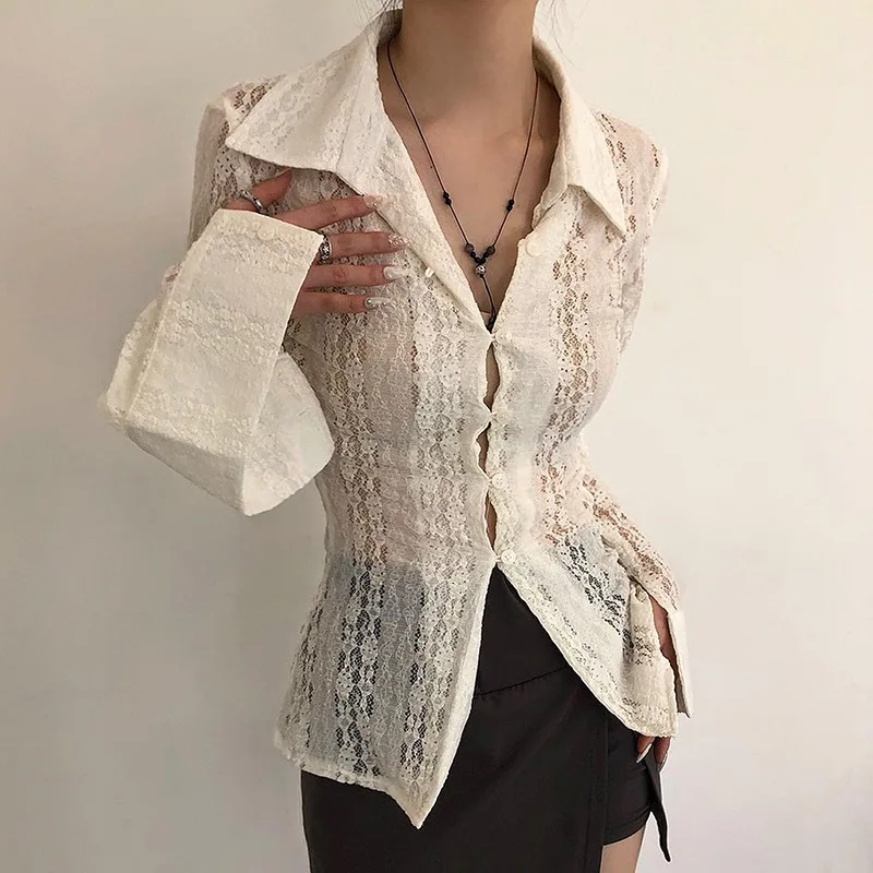 

Кружевная приталенная рубашка в стиле ретро с отложным воротником, Новинка лета 2023, соблазнительный прозрачный облегающий Топ с длинным рукавом, соблазнительная модная ночная Клубная рубашка