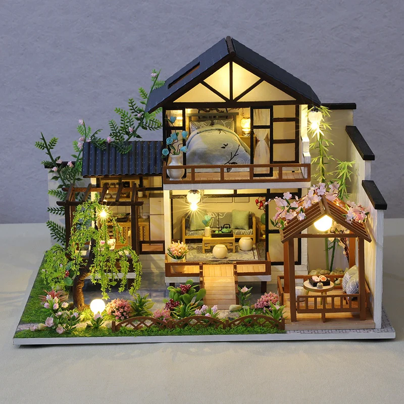 Фото DIY деревянная миниатюрная модель комплект бамбуковый коттедж Casa кукольные домики 3D-головоломка кукольный домик с мебелью подсветкой для друзей рождественские подарки №3