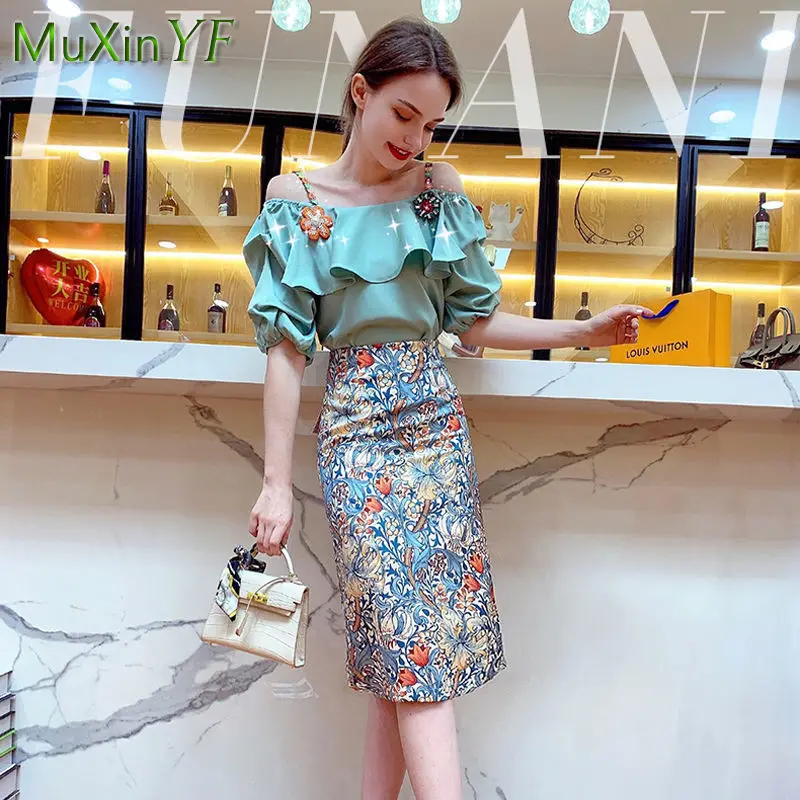 

2022 Summer New Short Sleeve Top Dress Two Piece Women Elegant Ruffle Blouse Print Midi Skirt Suit French Vinatge Clothes Set