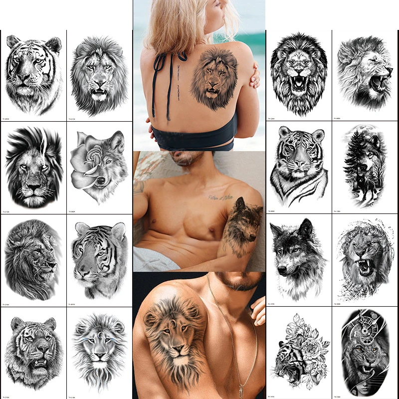 

Waterproof Temporary Tattoo Sticker Forest Lion Tiger Bear Flower Tattoos Women Leopard Wolf Crown Body Art Arm Fake Tattoo Men