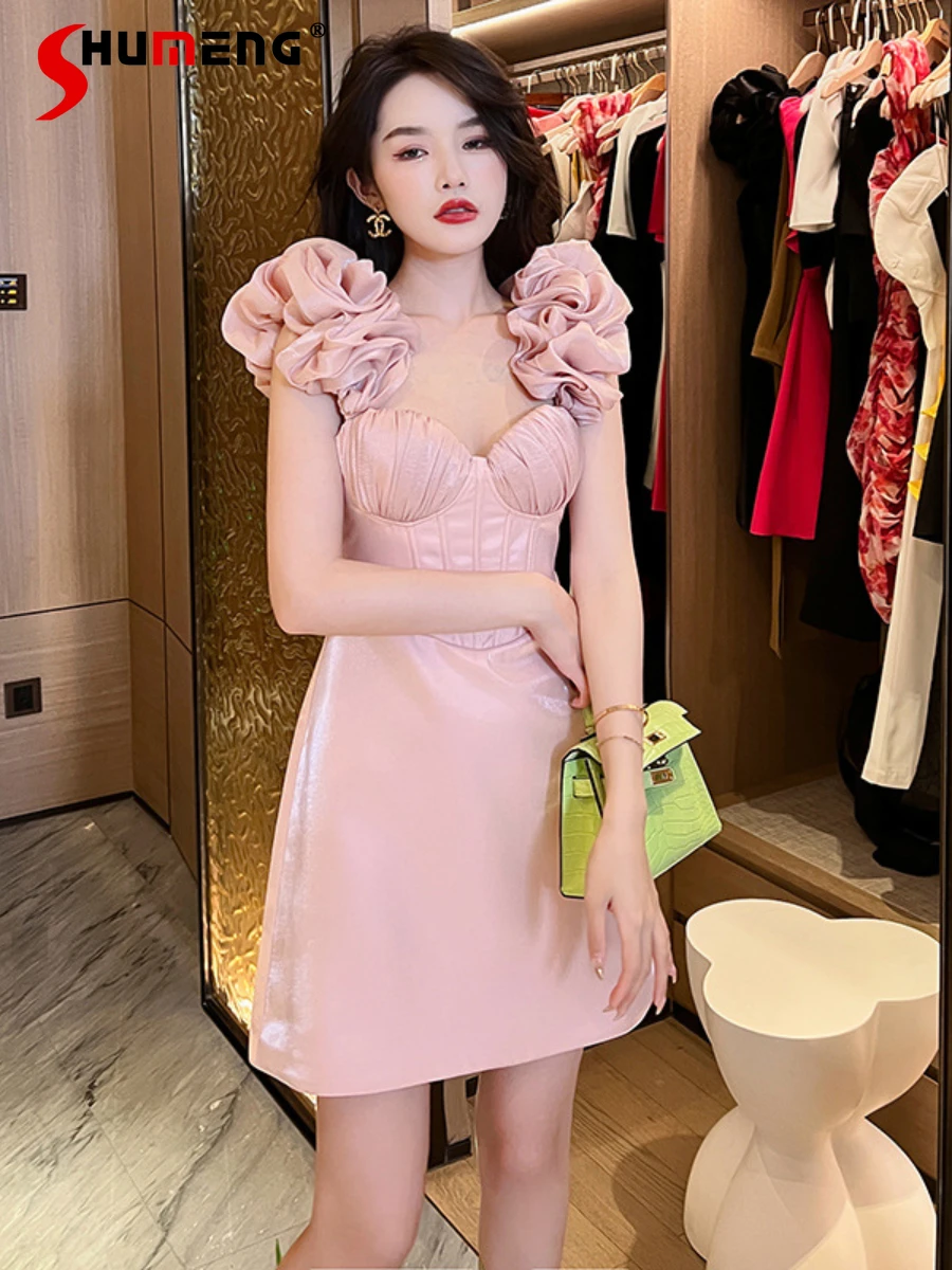 

2022 Summer New French Style Pink Birthday Party Mini Dress Women Flower Puff Sleeve Slim Waist Wrapped Bodycon Suspender Dress