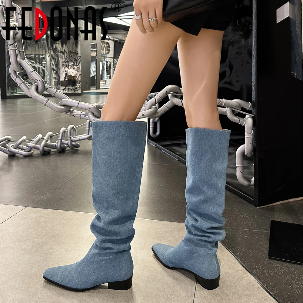 

FEDONAS 2023 Fashion Western Denim Women Over The Knee Boots Low Heels Square Toe Party Spring Autumn Four Season Shoes Woman