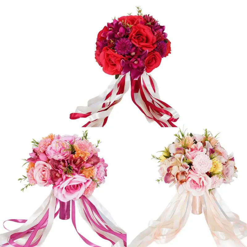 

Wedding Bridal Bouquet Artificial Rose Fake Chrysanthemum Orchid Holding Flowers with Long Ribbon Party Decoration