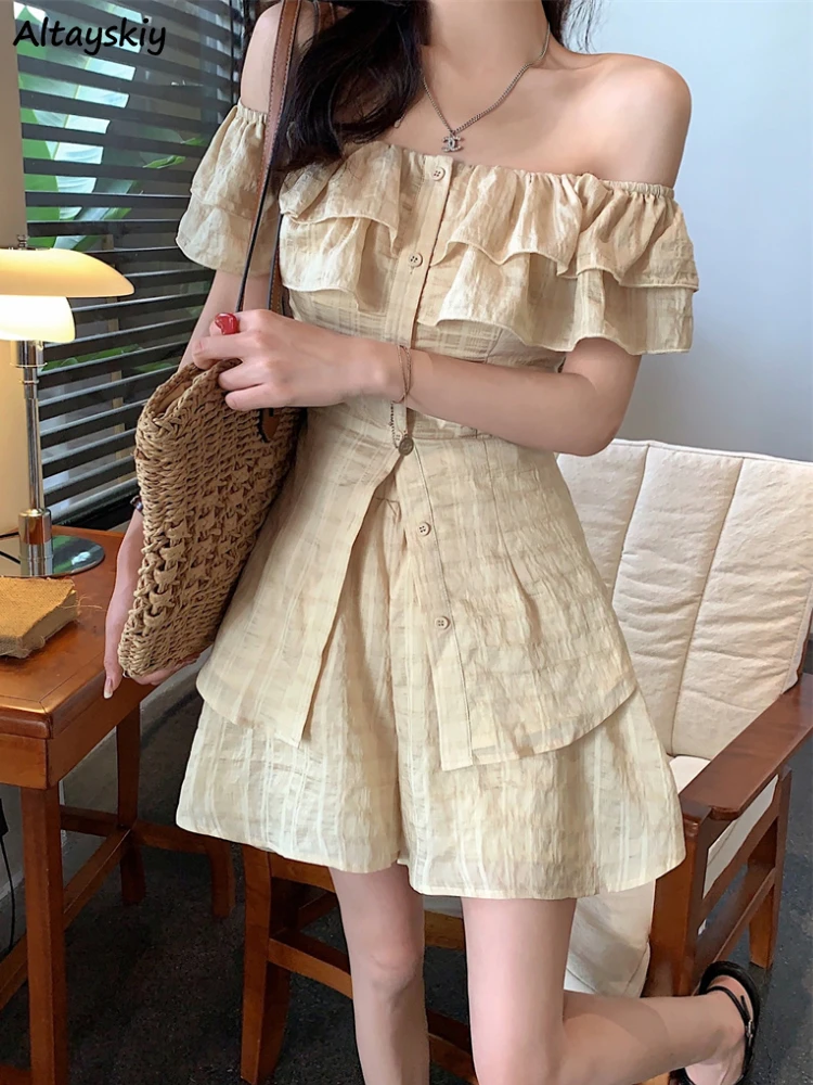 

Summer Sets Women Ruffles Sweet Defined Slash Neck Pure Leisure Aesthetic Shirts Wide Leg Shorts Designed Vintage 2 Pieces OOTD