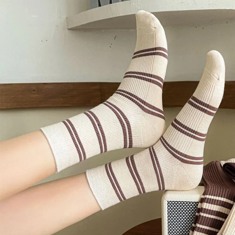 5 Pairs Winter Thicken Wool Socks Women Fashion Stripes Middle Tube  Keep Warm Socks Set Japanese Style Slouch Soft Comfortable