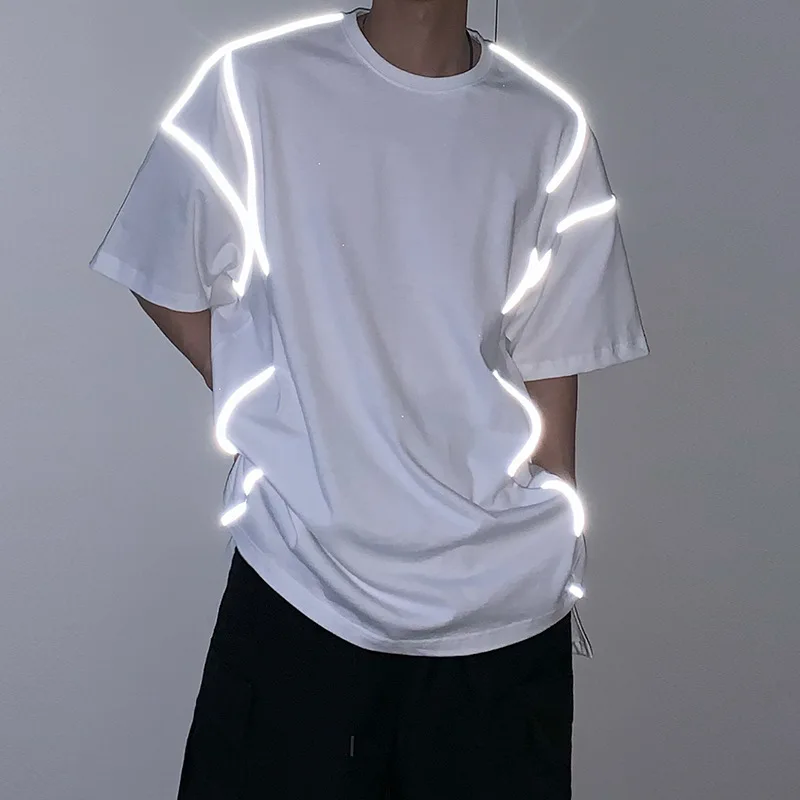 

Reflective Korean version tide Short Sleeve Tee personality summer cotton round neck Pullover 5 / 4 sleeve t-shirt men's 2022