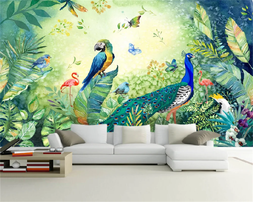 Пользовательские фотообои ручная роспись зеленые тропические растения Павлин