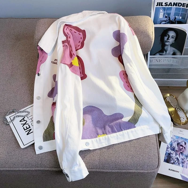 

2023 Women Spring Vintage Casual Floral Print Short Denim Coat Crop Top Female White Single Breasted Versatile Jean