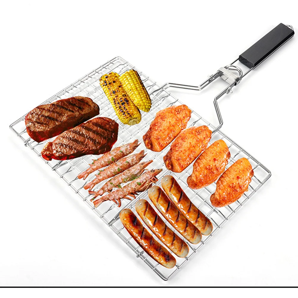 

Outdoor folding barbecue net barbecue tool wooden handle stainless steel 430 grilled fish clip removable BBQ grilled net