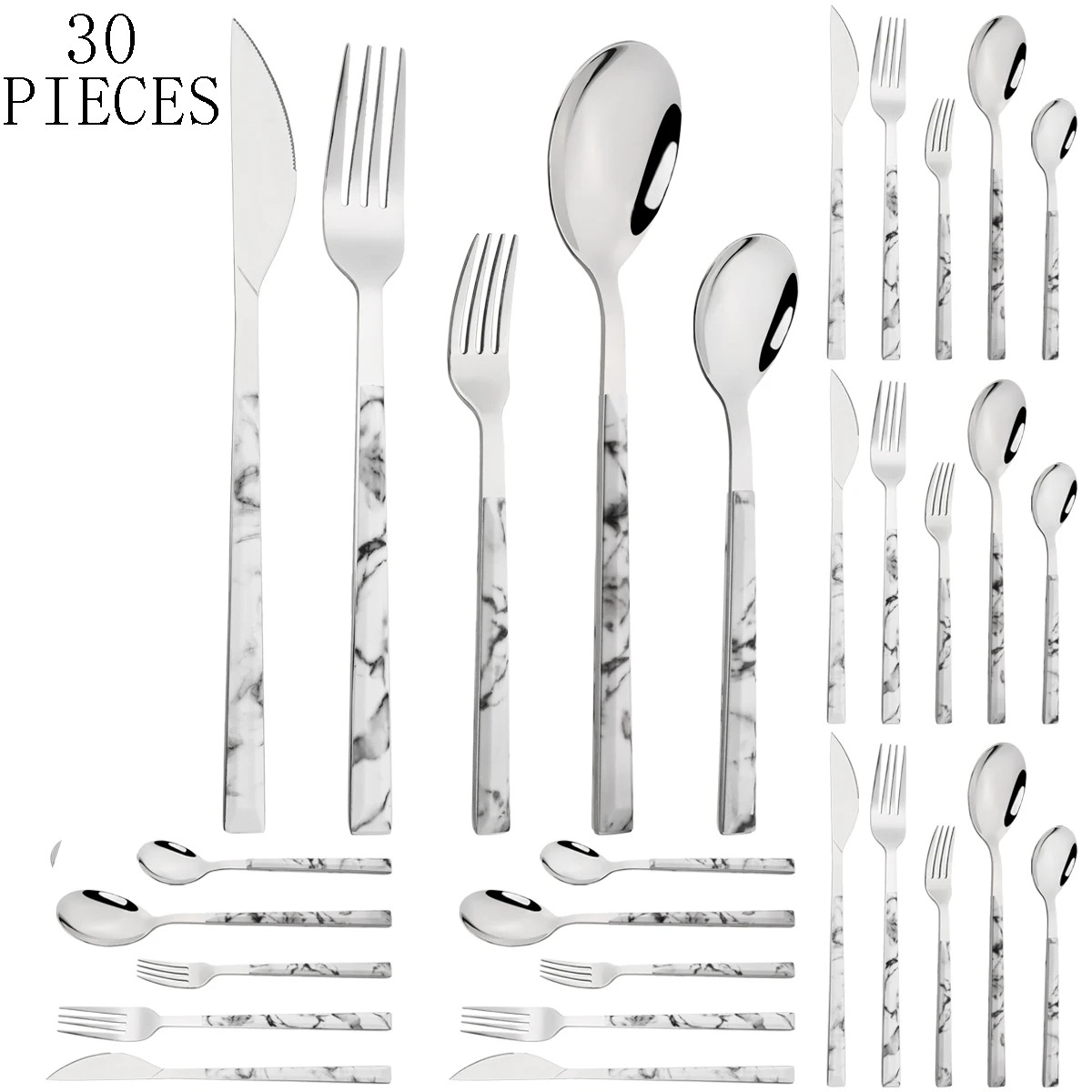 24/30pcs White Silver Dinnerware Set Knife Fork Tea Spoon Ta
