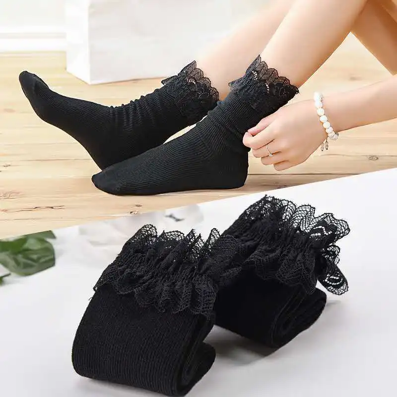Women Winter Warm Lace Thicken Thermal Socks  Soft Solid Color Black  Home  Sleeping Socks